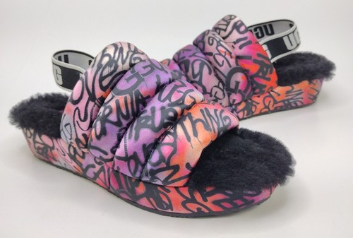 Sandali Ugg Puff Fluff Yeah pop graffiti scarpe zoccoli pantofole slide taglia 6 usati in ottime condizioni