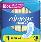 Always Maxi Feminine Pads for Women, without Wings, Unscented, 48 Count
