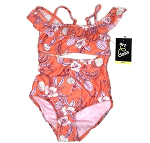Art Class Girls Orange Floral Print Off Shoulder Swimsuit Size XS (4-5) New! - Picture 1 of 12