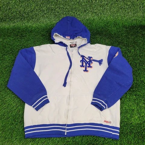 Vintage New-York Mets Zip Hoodie Large Oversized White Blue Colorblock Cover