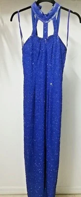 Long High Slit Crystals Party Gown O-Neck Sleeveless Evening Formal Dress XS - Image 1 of 4