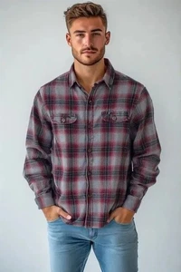 George Butn Down Flannel Shirt Mens M 43x27 32"Slv LS Burgundy/Gray Cotn/Poly - Picture 1 of 7