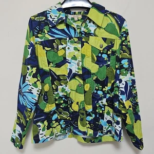 Choices Damen große blau grün moderne Blumen Langarm Knopfleiste Jacke Fehler - Bild 1 von 16