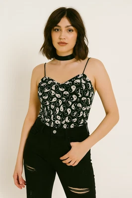 Camiseta feminina vintage Y2K rosa desbotada M preta branca Yin Yang com nervuras tiras - Imagem 1 de 4