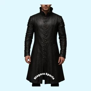 Herren Schwarz Leder Mittelalter Rüstung Mantel Männer Renaissance Jahrmarkt Cosplay Mantel - Bild 1 von 3