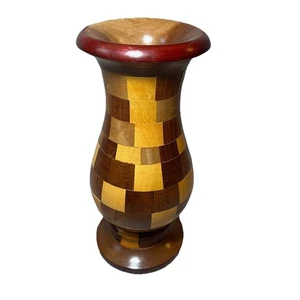VTG Handcrafted Natural Wood Tones Checkered Vase 9” Segmented Turned Wood Boho - Picture 1 of 11