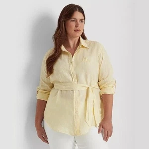 Lauren Ralph Lauren Women Yellow Linen Pinstripe Casual Button Shirt Size 1X - Picture 1 of 10