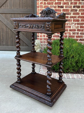 Tall Antique French Server Pedestal Barley Twist Nightstand End Table Drawer Oak Cover