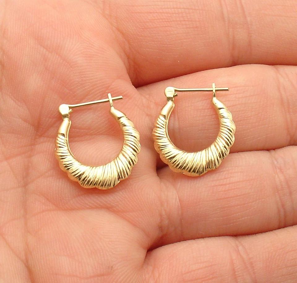 Cute Graduated Textured Ribbed Round Hoop Earrings Real 14K Yellow Gold  - Изображение 1 из 1