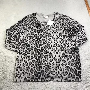 Quacker Factory Sweater Womens 1X Gray Leopard Rhinestone Button Up Cardigan NEW - Picture 1 of 11