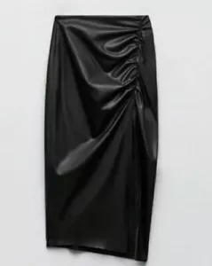 Zara Women's Black Faux Leather Ruched Pencil Skirt Size XXL - Picture 1 of 4