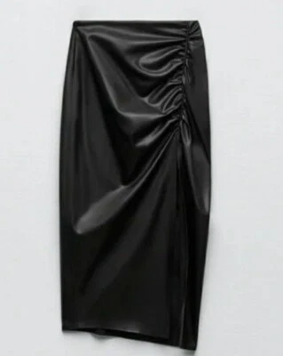 Zara Women's Black  Faux Leather Ruched Pencil Skirt Size XXL - Image 1 of 4