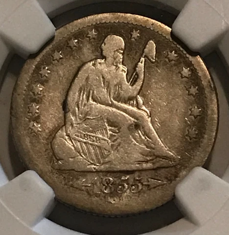 1855-o Seated Liberty Quarter,  NGC,  Fine ,scarce date Cover