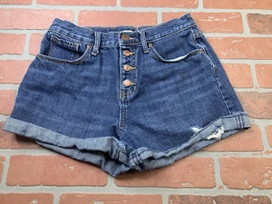 Old Navy Cuffed Shorts Girls Size14 Adjustable Waist Dark Denim Distressed Short - Picture 1 of 13