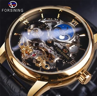 Reloj automático Forsining de lujo con esfera lunar esqueleto para hombre doble zona horaria Foto 1 de 4
