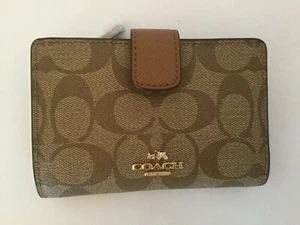 Coach Signature Wallet Womens Medium Corner Zip Card ID Window Brown/Khaki - Picture 1 of 3