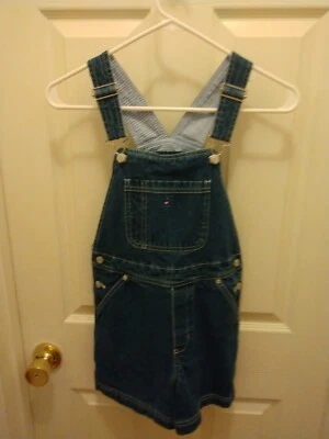 Girls Jean Bib Overalls Shorts Size M Tommy Hilfiger 100% Cotton Dark Wash - Image 1 of 4
