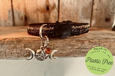 PETS ARK Wiccan Cat collar with Triple Goddess charm & Gemstone in black (Breakaway)