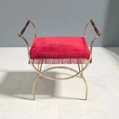 Vtg 70s Hollywood Regency Vanity Stool Budoir Bench Red Velvet Fabric Fringe MCM - Image 1 of 4