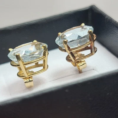 Solid 14K Gold Large Aquamarine Stud Earrings Multi Faceted Cut Gemstones Signed - Image 1 of 4