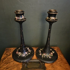 Antique Art Nouveau Hand-Painted Wooden Candlesticks – Folk Art C.1910 - Picture 1 of 9