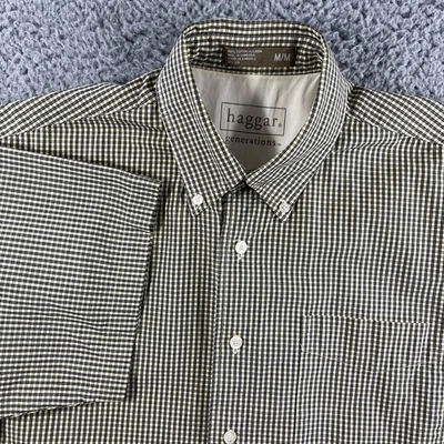 HAGGAR GENERATIONS SHIRT MENS MEDIUM YELLOW SHORT SLEEVE BUTTON UP CHECK COTTON - Image 1 of 4