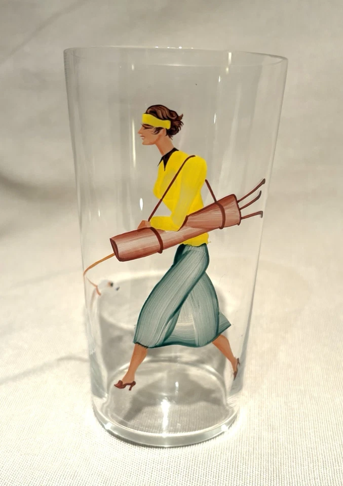 "Vaso transparente pintado a mano dama mujer golfista con perro terrier 5-1/2"" T" Foto 1 de 4