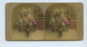 Family With Donkey Off To The Derby 1850s Hand Tinted Genre Stereoview - Picture 1 of 2