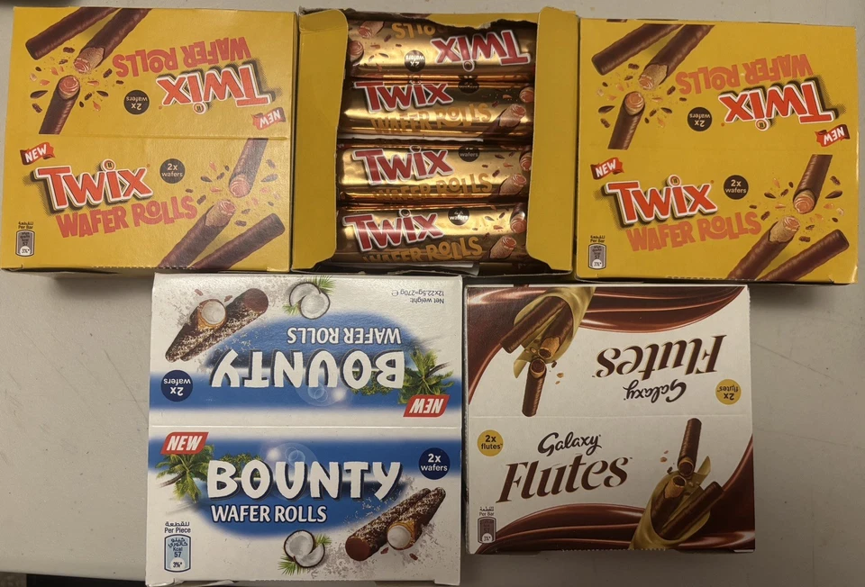 3 Twix 1 Bounty 1 Galaxy Flutes Crispy Wafer Rolls Chocolate Bars FULL BOXES May - Image 1 of 1