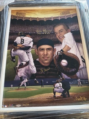Yogi Bera Don Larsen Yankees Autografiado Lienzo Enmarcado 11x23 Todo American LOA Foto 1 de 4
