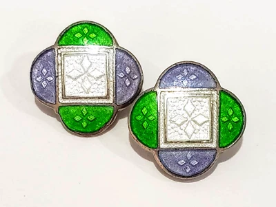 Antique Guilloche Enamel Quatrefoil Cufflink Buttons~Perfect Suffragette Colors - Image 1 of 3
