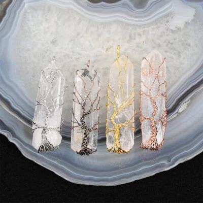 Wire Wrapped Tree of Life Clear Quartz Point Pendant Crystal Charm Necklace Gift - Image 1 of 4