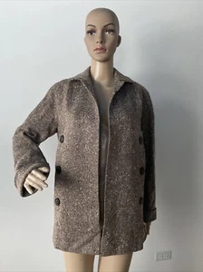 Brown Tweed Wool Open Front Jacket Coat Cuffed Sleeves Decorative Buttons Size S - Picture 1 of 12