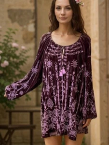 JOHNNY WAS XXL VELVET Eggplant Purple Embroidered Dress Peasant Top Tassels NWOT - Picture 1 of 21
