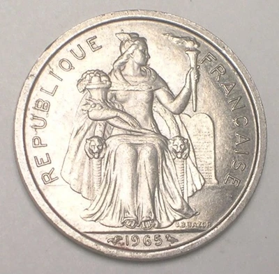1965 French Polynesia 2 Francs Woman Island Scene Coin VF+ - Image 1 of 2