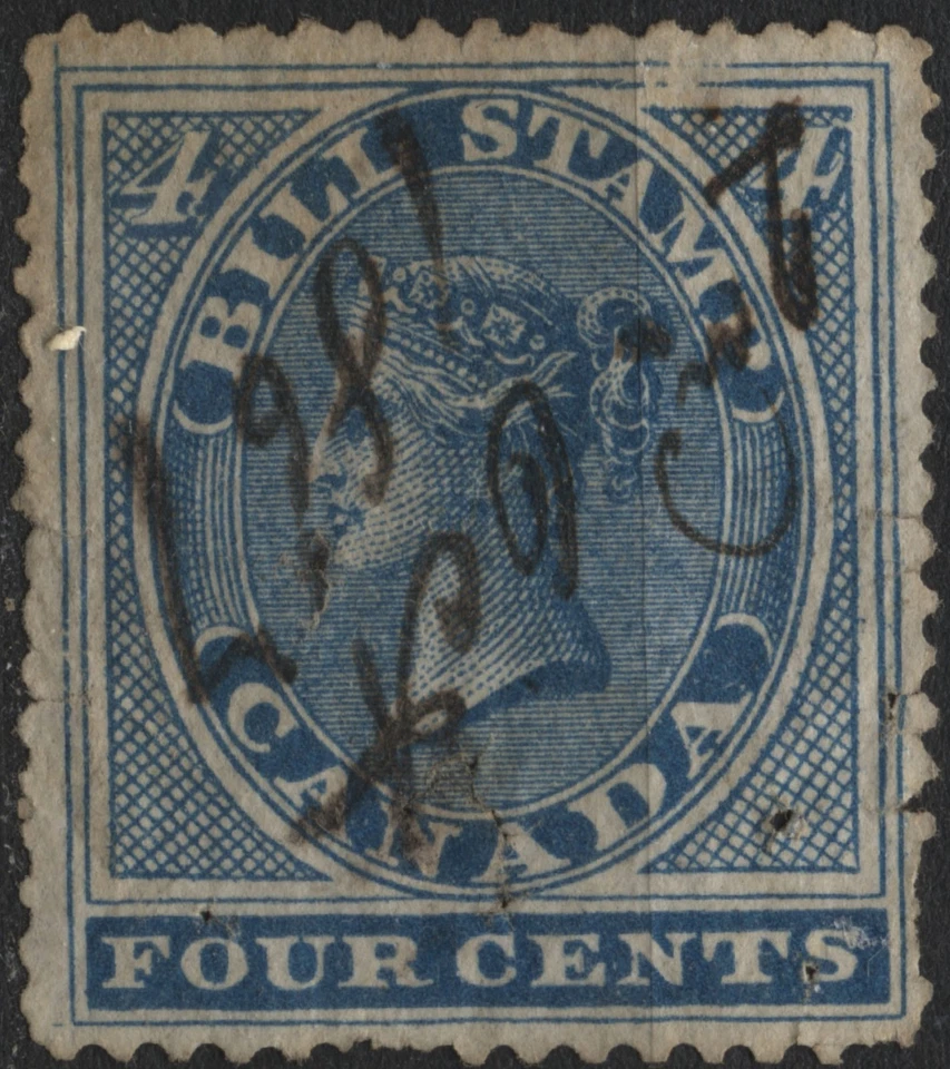 Canada 1864 VanDam #FB4 - 4c blue bill stamp, 1st issue, perf 12.5X13.5, used - Image 1 of 1