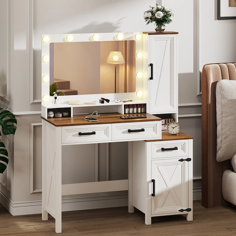 Tocador de maquillaje escritorio con espejo y luz, tocador con almacenamiento de joyas y cajón Foto 1 de 1