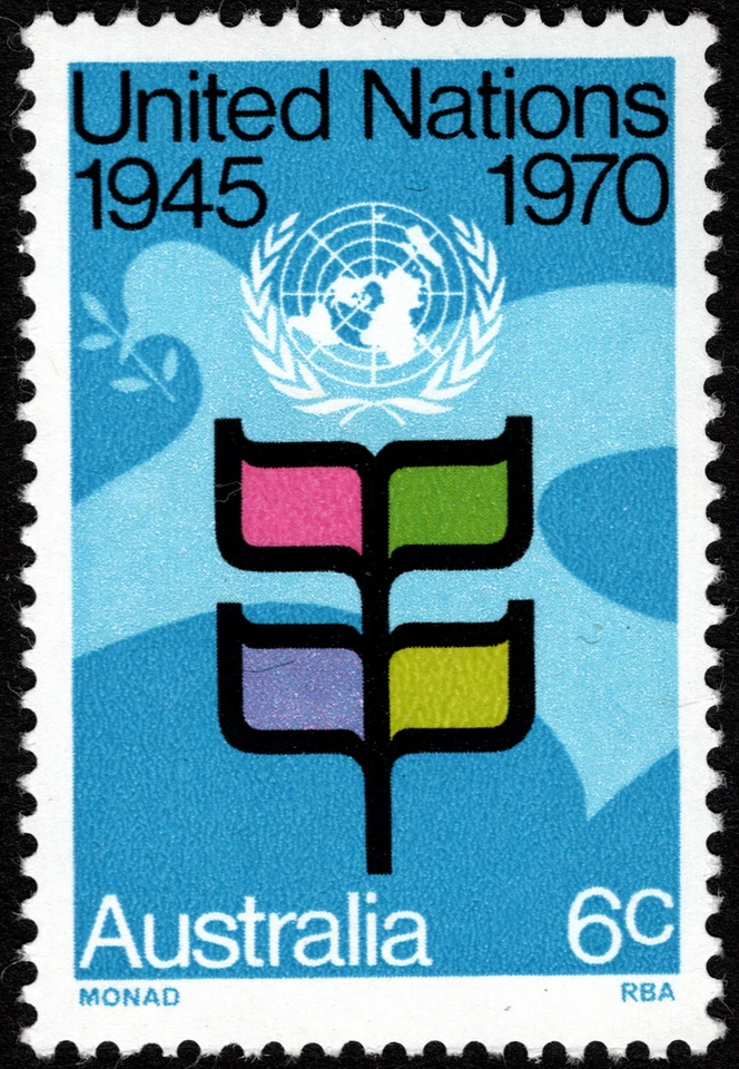 Estampilla de Australia Scott # 490 como nueva NH - 6c edición del 25 aniversario de las Naciones Unidas Foto 1 de 1