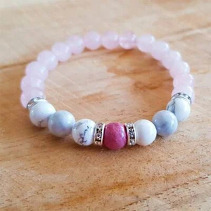 Naturstein Perlen-Armband Rosenquarz Howlith mit Zirkonia - Bild 1 von 1