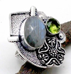 Labradorite & Peridot Gemstone 925 Sterling Silver Handmade Jewellery Ring S-7 - Picture 1 of 7