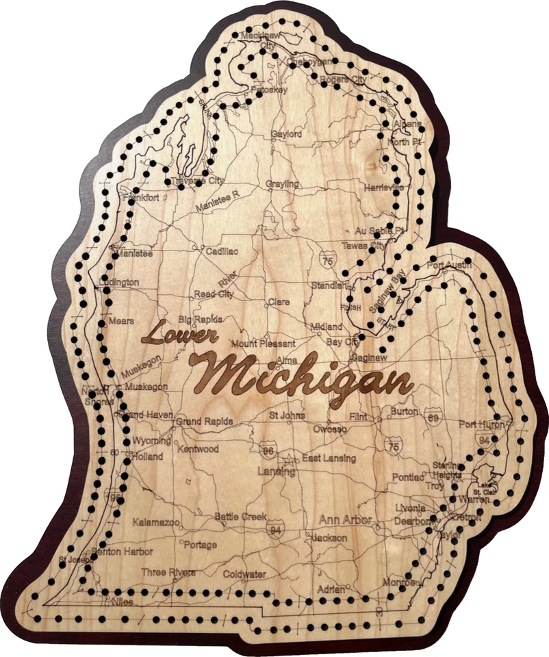 Lower Michigan Shaped Road Map Cribbage Board - Image 1 of 1
