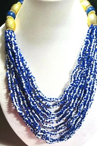 VTG 1968 DELILLO 10 Strand Necklace Blue/White Beads /LG Gold/Blue Beads Signed - Foto 1 di 11