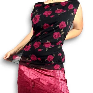 Black rose ladies sleeveless shirt vintage 2000s Y2K red roses sheer mesh  - Picture 1 of 5