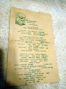 VTG Restaurant Menu The Lakeside Eaglesmere ( Pennsylvania??) 1931 - Picture 1 of 3