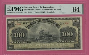MEXICO 100 PESOS 1914 BANCO TAMAULIPAS SERIE G PICK # S433r PMG 64 CHOICE UNC - Imagen 1 de 2