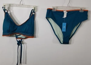 CUPSHE NWT 2 PIECE TEAL & ORANGE SCALLOPED CROCHET EDGING SWIMSUIT SIZE XL - Picture 1 of 9