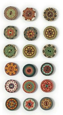 Pkg of 10 GEOMETRIC PATTERN 2-hole Wood Buttons 1" (25mm) Scrapbook Craft (1055) - Image 1 of 4