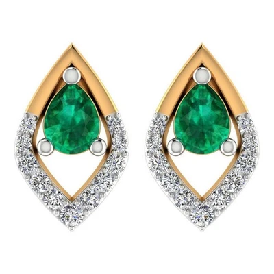 Natürliches Grün Smaragd Und Diamanten Edelstein Ohrstecker IN 14k Gelbgold O44 - Bild 1 von 4