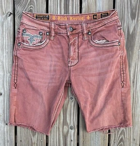 Rock Revival Jean Shorts men 34 Salmon Denim Emborder Distressed Jacoby Straight - Picture 1 of 5