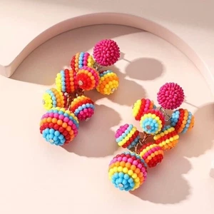 Colorful Beaded Ball Drop Earrings Multicolor Rainbow Festival Boho Resortwear - Picture 1 of 4